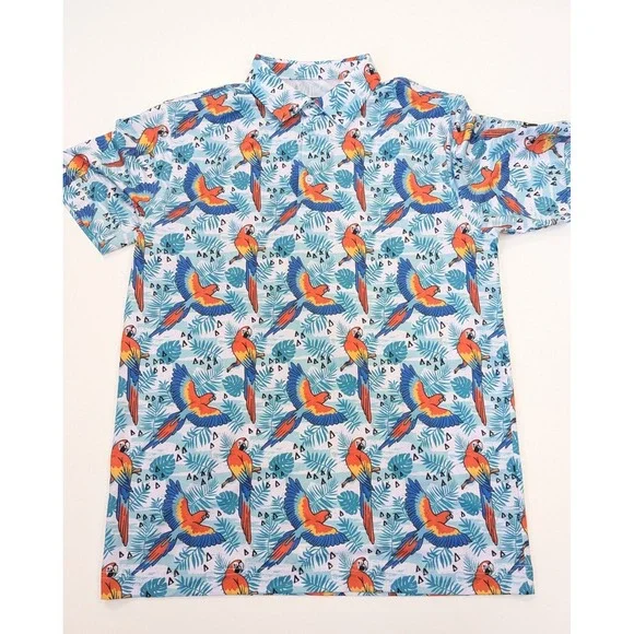 Waggle Golf Polo Shirt Tropical Parrot Palm Tree Print Men's MEDIUM Lightweight - Picture 2 of 6